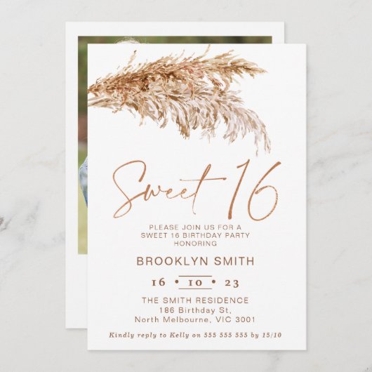 Eenvoudige Boho Pampas Grass Sweet 16 Verjaardag Kaart (Voorkant / Achterkant)