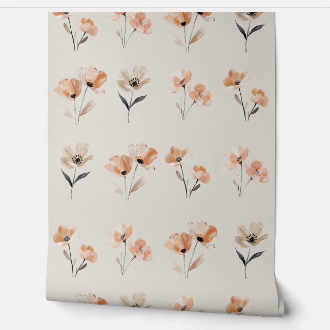 Eenvoudige Boho Poppy Bloem Print Beige Behang (Afrollen)