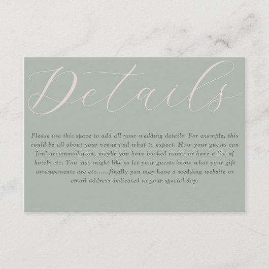 Eenvoudige Boho Sage Green Wedding Details Informatiekaartje (Voorkant)