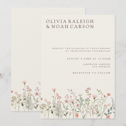 Eenvoudige Boho Wilde Bloem Beige Trouw Uitnodigin Kaart (Voorkant / Achterkant)