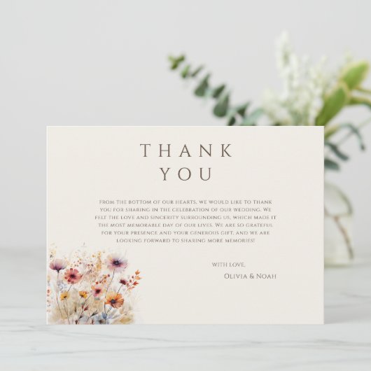 Eenvoudige Boho Wildflower Beige Dank u Kaart (Staand voorkant)
