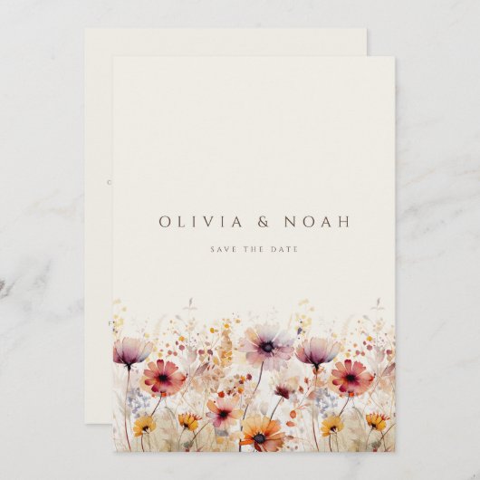 Eenvoudige Boho Wildflower Bewaar de datum Bruilof Aankondiging (Voorkant / Achterkant)