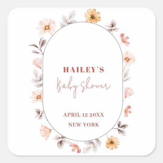 Eenvoudige Boho Wildflower Lijst Baby shower Vierkante Sticker (Voorkant)
