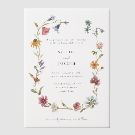 Eenvoudige Boho Wildflowers Krans | Bruiloft Vellum Uitnodigingen (Voorkant)