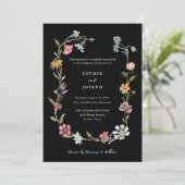 Eenvoudige Boho Wildflowers Krans | zwarte bruilof Kaart (Staand voorkant)