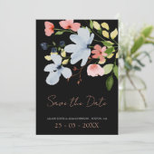 Eenvoudige Boho Zwart en Roze Bloemen Bruiloft Save The Date (Staand voorkant)