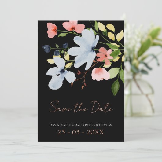 Eenvoudige Boho Zwart en Roze Bloemen Bruiloft Save The Date (Staand voorkant)