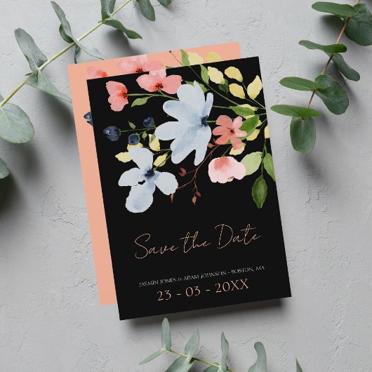 Eenvoudige Boho Zwart en Roze Bloemen Bruiloft Save The Date