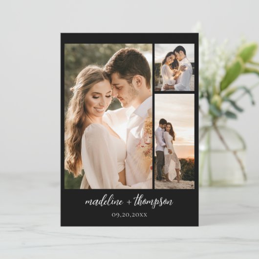 Eenvoudige boho zwart script foto QR code bruiloft Kaart (Staand voorkant)