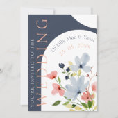 Eenvoudige boog blauw en roze bloemenbruiloft kaart (Voorkant)