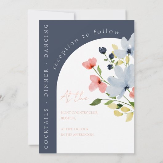 Eenvoudige boog blauw en roze bloemenbruiloft kaart (Achterkant)