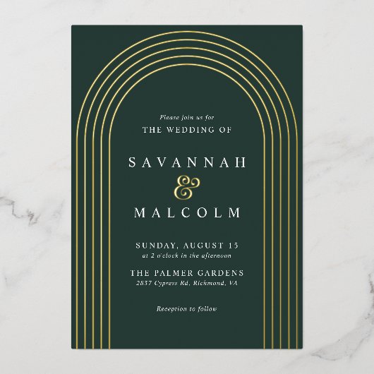 Eenvoudige boog | Donkergroen en Goud Elegant Brui Folie Uitnodiging (Voorkant)