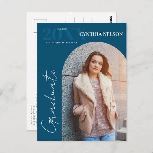 Eenvoudige boog foto blauw Afstuderen aankondiging Briefkaart (Voorkant / Achterkant)