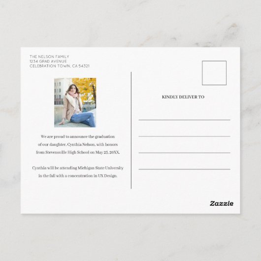 Eenvoudige boog foto blauw Afstuderen aankondiging Briefkaart (Achterkant)