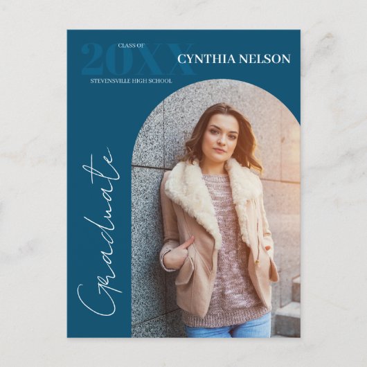 Eenvoudige boog foto blauw Afstuderen aankondiging Briefkaart (Voorkant)