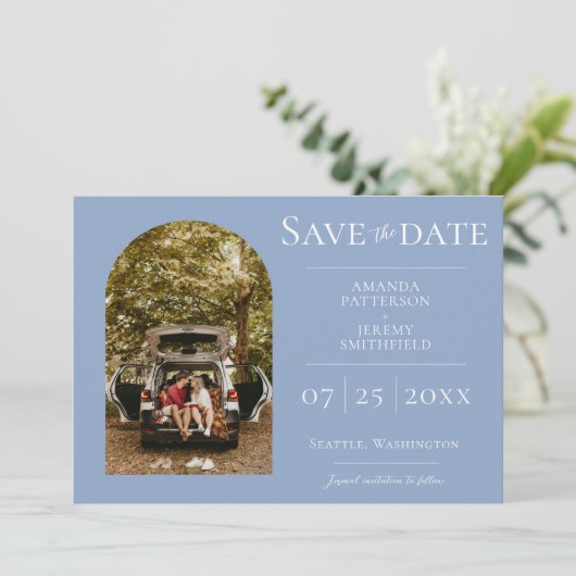 Eenvoudige Boog Foto | Stofblauw Bewaar de Datum Save The Date (Staand voorkant)
