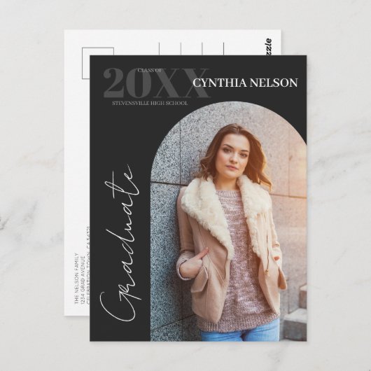 Eenvoudige boog foto zwart Afstuderen aankondiging Briefkaart (Voorkant / Achterkant)