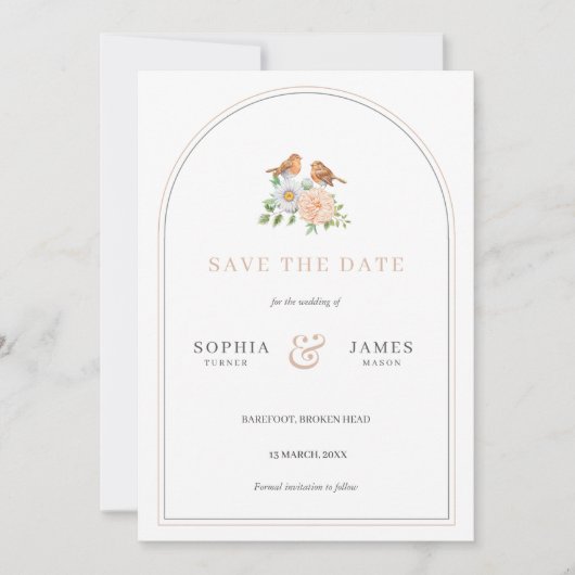 Eenvoudige boog liefde vogels sparen de datum uitn kaart (Voorkant)