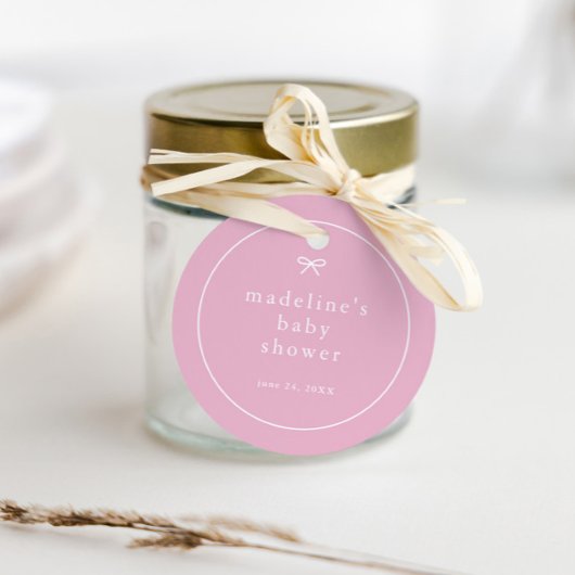 Eenvoudige boog roze meisjes baby shower bedankjes labels