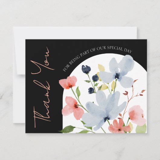 Eenvoudige boog zwart en roze bloemenbruiloft bedankkaart (Voorkant)