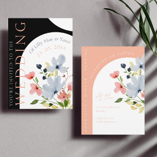 Eenvoudige boog zwart en roze bloemenbruiloft kaart