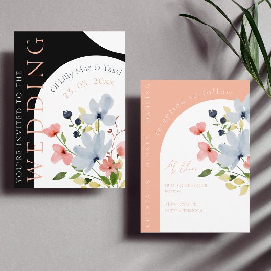 Eenvoudige boog zwart en roze bloemenbruiloft kaart