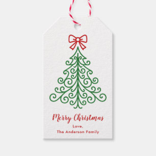 Eenvoudige boom met boog moderne kerst cadeaulabel