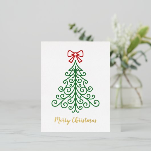 Eenvoudige boom met boog moderne kerst folie feestdagen briefkaart (Staand Voorkant)