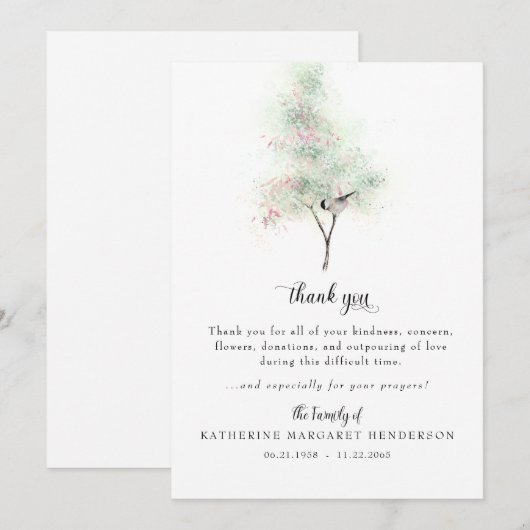 Eenvoudige boom & vogel begrafenis dank u bedankkaart (Voorkant / Achterkant)
