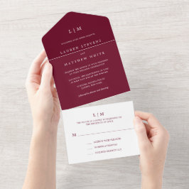 Eenvoudige Bordeaux Monogram Elegante Trouw All In One Uitnodiging