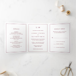 Eenvoudige Bordeaux Monogram Elegante Trouw Drieluik Uitnodiging