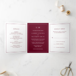 Eenvoudige Bordeaux Monogram Elegante Trouw Drieluik Uitnodiging