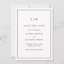 Eenvoudige bordeauxrood monogram elegante trouw save the date