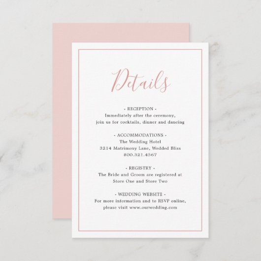Eenvoudige Border Blush Roze Elegant Bruiloft Informatiekaartje (Voorkant / Achterkant)