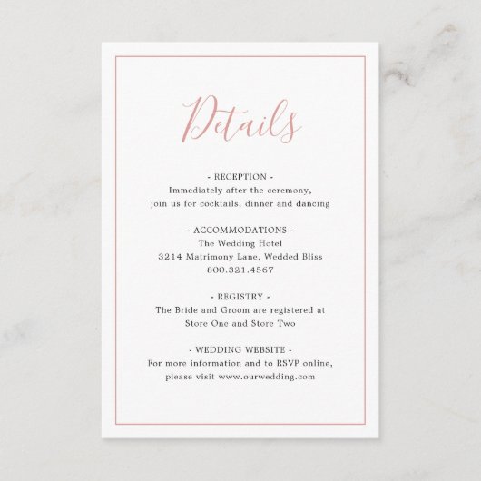 Eenvoudige Border Blush Roze Elegant Bruiloft Informatiekaartje (Voorkant)