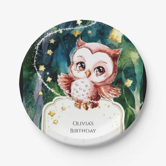 Eenvoudige bosuil verjaardag papieren bordje (Voorkant)