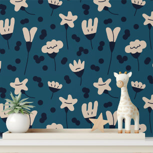 Eenvoudige Botanische Abstract Bloemen Blauw Patro Behang