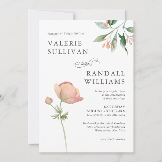 Eenvoudige botanische elegante bloemenbruiloft kaart (Voorkant)