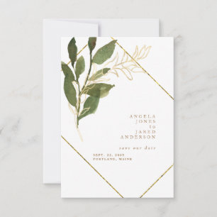 Eenvoudige botanische goud & witte save the date