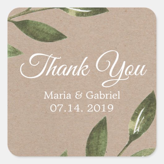 Eenvoudige botanische groene Kraft bruiloft dank u Vierkante Sticker (Voorkant)