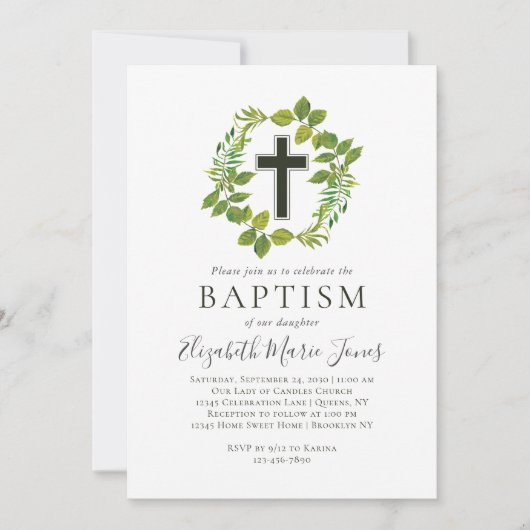 Eenvoudige Botanische Groene Krans Kruisdoop Kaart (Voorkant)