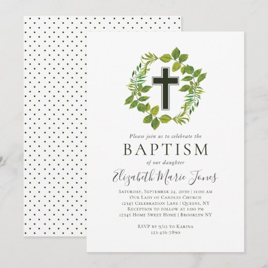 Eenvoudige Botanische Groene Krans Kruisdoop Kaart (Voorkant / Achterkant)