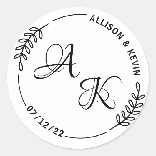 Eenvoudige botanische monogram bruiloft ronde sticker (Voorkant)