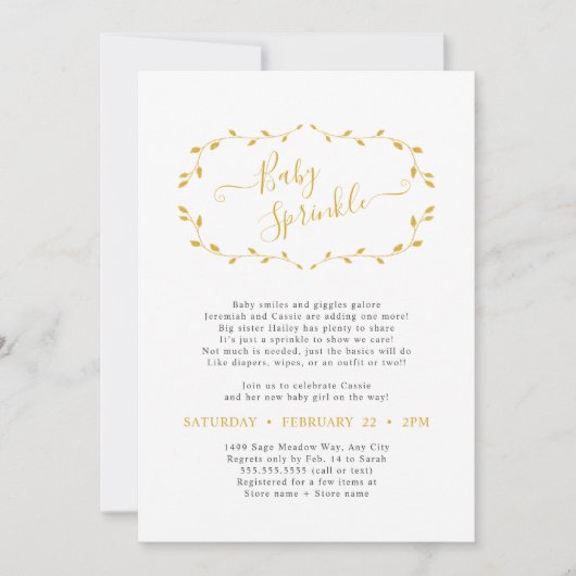 Eenvoudige Botanische Mosterd Baby Sprinkle Uitnod Kaart (Voorkant)