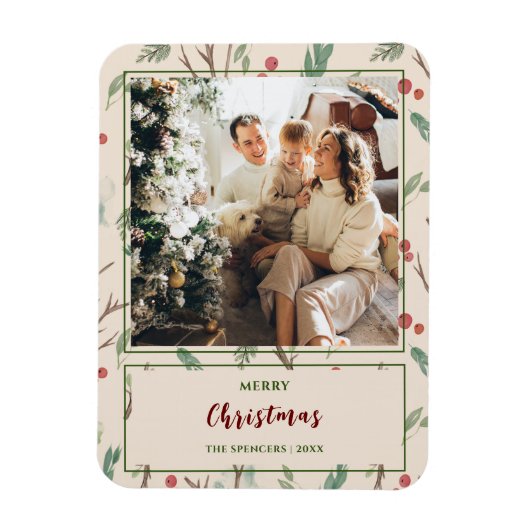 Eenvoudige Botanische Patroon Vrolijk Kerstmis Fot Magneet (Verticaal)