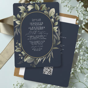 Eenvoudige botanische RSVP QR Code Donkere marinev Kaart