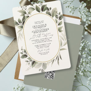 Eenvoudige botanische RSVP QR Code Ivory Green Wed Kaart