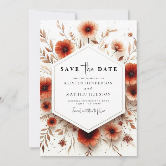 Eenvoudige botanische terracotta bruiloft save the date (Voorkant)