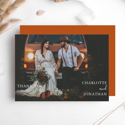 Eenvoudige botanische terracotta foto bruiloft bedankkaart