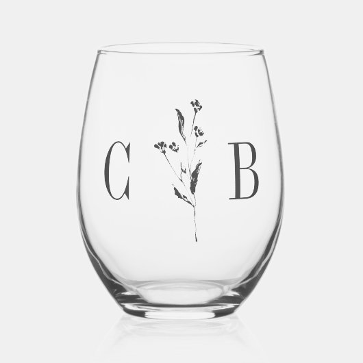 Eenvoudige Botanische Witte Monogram Initiaal Brui Wijnglas Zonder Voet (Voorkant)